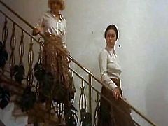 Skanky brunette maid sucks landlord's hard dick. Then she bends over getting screwed doggy style. While they fuck in a living room blonde chick spies on them and masturbates passionately. Meanwhile the mistress is masturbating in the bathroom.
