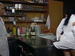 Long and black haired torrid lassie with big ass posed doggy style on table in the cabinet of chief doctor. He offered her to taste some cucumber. She refused. Afterwards she got it deep inside her thirsting vag from behind. Look at this whorish nurse in The Classic Porn sex video!
