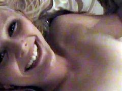 Playful blonde girl gives a blowjob with pleasure in a bedroom. After that she takes pussy pounding and toys her pussy with a dildo.