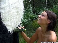 Cute dark haired girl hangs out in the woods and her huge toy panda gets her undressed and lets her suck his strap on cock.
