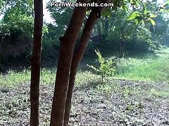 Filthy chick enjoys giving a blowjob to her BF, lets him pound her shaved snatch in the forest and leaves riding a motorcycle after.