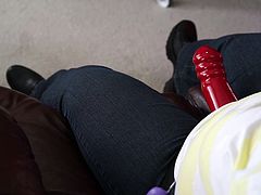 Wife makes sissy sit on big red strapon and suck it.