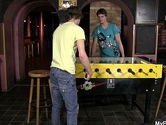 This gay couple are enjoying a rowdy game of foosball when a wager is agreed upon. The loser of the match has to suck on the other one's penis. Well, it looks like Kevin lost so he has to give the blowjob, but luckily the other gay chap is a good sport and he agrees to suck a cock, too.