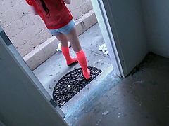 Nikki Bell was walking home when I approached her in the alley to see if she wanted to come over to my house for some fun. She undresses and slides off her cute panties to show me her nice pussy and then she masturbates for me.