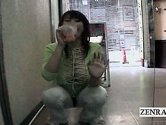 Subtitled Japan public nudity with dildo sucking woman