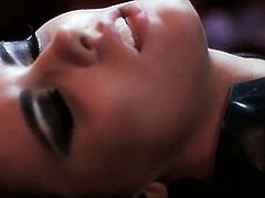 Sultry dark haired vixen in black leather lingerie goes down on her partner. Whore with slutty makeup gives sensual blowjob. Press play and check it out!