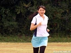 Pretty slim Japanese girl Yuuki Itano is playing dirty games with some man outdoors. She lets the guy touch her sweet tits and then kneels in front of him and sucks his boner.