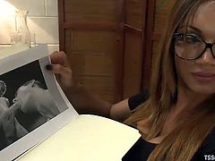 Yasmin Lee shows Cameron some pictures of sex positions they could try and his cock gets really hard. She strokes his meat for a bit and then the two head to the bedroom for some sex. He jacks off while she gets undressed and she waves her dick in his face and makes him suck it. She shoves it in.