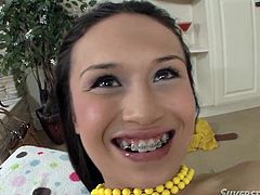 Brunette teeny looks pretty before she smiles. She has got damn ugly smile coz she is wearing brackets. Lewd hoe takes meaty cock in her tight ass hole in a missionary position.