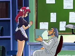 Get a load of this anime babe's big tits before she has her maid's outfit taken off before sucking a big large cock.
