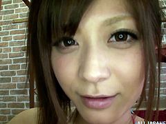 Slutty Japanese chick Haruki Satou wearing a bikini is having fun with some man indoors. She demonstrates her twat to the man and then kneels in front of him and sucks his wang.