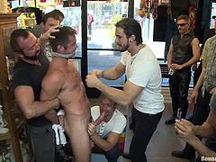 Josh West, Phenix Saint and their homosexual friends are having fun indoors. The poofters make some guy deepthroat their dicks and drill his butt from behind.