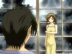 Big-breasted anime girl is having fun with her man in a bedroom. The guy kneads the bitch's hot tits and then fucks her snatch in missionary position.