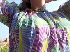 Super stacked brunette beauty gets rid of her clothes displaying her gorgeous boobs and her round booty. Sexpot gets home and starts petting her tight trimmed pussy with dildo.