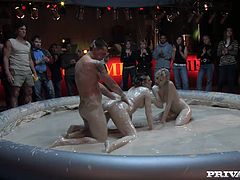 Kinky lesbians Stella Delcroix and Terri Summers are having a struggle in clay. The bitches beat each other and then the winner fucks the loser with a strapon.