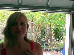 Sexy blonde Roxy Lovette is being persuaded in a good fuck somewhere in the yard, she is very shy but her looks and thoughts show us her real nasty and horny desires in a good fuck