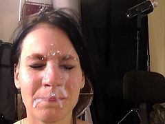 Brunette angel is a true master in cock sucking, having her face covered in jizz after one staggering oral