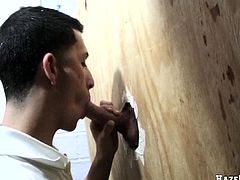 A dark-haired homosexual is playing with a gloryhole wang in the presence of his friends. He sucks the weiner ardently and then takes it in his asshole.