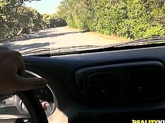 Smiling brunette takes off her bra and swallows big cock in the car. She is hot tempered babe who is ready to polish your dick indoor and outdoor.