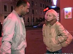 This horny dude seduced cute blone babe Sveta on the streets of Moscow. She didn't mind to got to his place and after a nice blowjob she is got her pussy rammed.