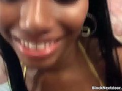 Bella is a horny ebony teenie and she loves to make her boyfriend happy. She gets on her knees to blow his rod and begs him to shoot load allover her face.