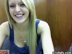 Playful girl goes naughty in a public library. She sucks dildo imitating blowjob. Then, she inserts big dildo in her snatch right there and then.