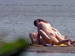 Cool day at the beach for horny voyeur while enjoying couple fucking in front of his eyes