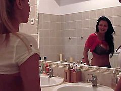 Two hotties Aleska Diamond and Aletta Ocean feeling bored at home decide to go crazy with some other girls, showing off their asses and nice boobs to each other in the bathroom