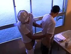 Two homosexuals meet in a bar on a cruise ship. It is early morning, that is why they are alone. One of the guys lies down on a table and gets butt fucked.