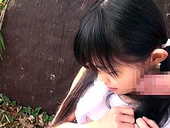 This cute Japanese slut is out in the garden and she gets down on her knees to suck his cock. She is very reluctant at first, but he eases her in by rubbing his cock all over her lips and face. Finally she puts his cock in her mouth.