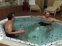 These two gay guys met at the gym and relaxed in the hot tub then the trunks came off and they fucked hard in the hot water.