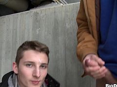 They don't mind the cold as these two guys heat things up by dropping their pants and fucking on a public staircase during a snow storm.