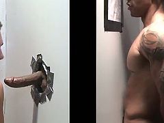 Brad Benton and Lucas Knowles are two muscled dudes with big dicks. They have fun in a gay gloryhole video. Brad and Lucas get their cocks sucked by some slim guys.