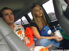 Jamie and a topless girl drive around and find a hot guy for Jamie to blow then fuck from behind as they continue to drive.