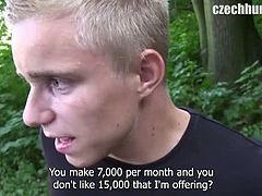This handsome blonde guy is obviously disturbed when he is asked to suck cock and maybe take it in his ass hole. He wants the money badly, so he really tries.