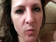 Kinky brown-haired milf Marie Madison wearing a bikini is getting naughty in the bathroom. She touches her nipples and pussy and sucks her fingers passionately.