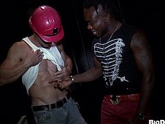 Salacious queers Andy and Charley are having fun indoors. The black guy lets the other man suck his weiner, then they bang in the cowboy and other positions.