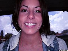 This cute slut is in the back seat with her man. The bangbus crew shows her video of a blowjob movie she filmed a while ago and it turns her on. Pretty soon she wants cock again. She leans in and suck off his massive member in the bus' backseat.