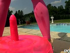 Filthy blonde babe has a huge booty and loves showing it off. Honey crawls to the pool with her leggings pulled half way down. Her big bubble butt jiggles when bitch jumps on pink dildo.
