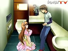 An animated girl with huge boobs drops to her knees and gives a titjob in a bathroom. Then she lifts a skirt up and gets fucked from behind.