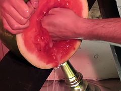 Guy is happy about his masterpiece movie: A food fetish guy satisfies his needs by fucking a juicy watermelon and cuming in it.