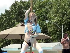 Dude, look at this captivating light-haired enchantress who has raunchy view! She strips on the pole demonstrating her natural boobies and smooth booty!