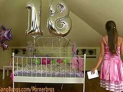 This princess in pink just turned 18. She fell asleep when a gang of four men came in and abused all her holes at the same time.