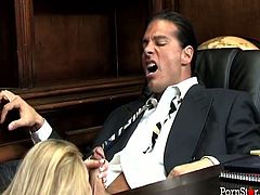 Juicy blonde secretary in sexy business suit walks into her boss's office and gets on her knees. Beauty sucks his big hard dick and gets her meaty cunt licked.