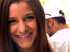 Click to watch this brunette teen, with a cute smile and long hair, while she confess details of her personal life in public doing a reality POV clip.