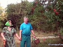 Grandpa Foooki brings you a hell of a free porn video where you can see how this horny brunette teen watches a mature couple play in the farm. This party is on fire!