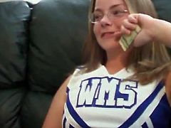 Kinky blonde bitch Christy, wearing glasses and cheerleader uniform, is having fun with a guy called Bob. Christy lets Bob toy her shaved snatch, then kneels in front of him and sucks his schlong.