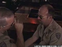 Get ready for an awesome bear on bear action featuring two hard assed gay cops officers Mickey Squires and Rob Jones showing off their beefy bodies, making out and playing with their big batons.