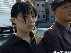 This horny Japanese babe gets really turned on by a man's bulge on the city bus and ends up sucking his big hard cock before getting drilled.