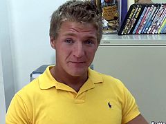 Go wild as you watch this blonde gay dude, with a great six pack wearing a yellow polo shirt, while he goes hardcore with an aroused guy.